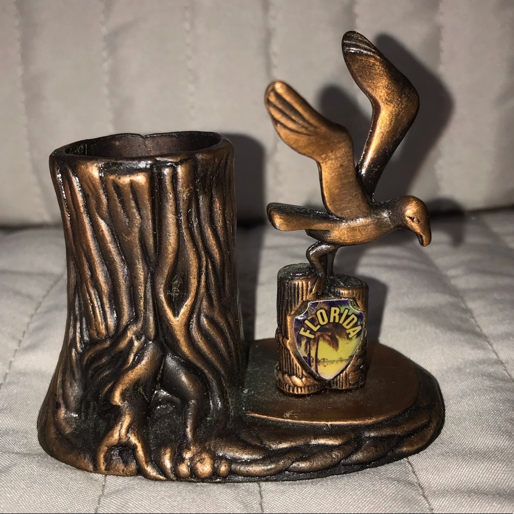 VTG FLORIDA copper toothpick/match  holder/paper weight/souvenir Palm & sea gull